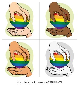 Illustration hand handing the rainbow heart to another, ethnics. Ideal for institutional and LGBT romantic materials