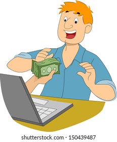 Illustration of a Hand Handing a Stack of Cash to an Online Writer