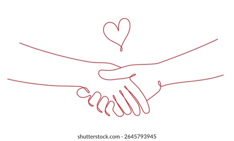 Illustration of a hand and heart shape drawn with simple red lines. One stroke.