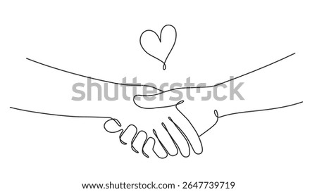 Illustration of a hand and heart shape drawn with simple black lines. One stroke.