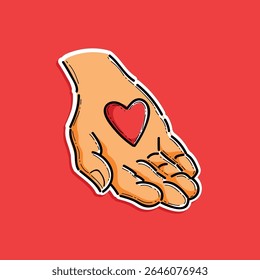 Illustration of a Hand With a Heart Symbol on Bold Red Background