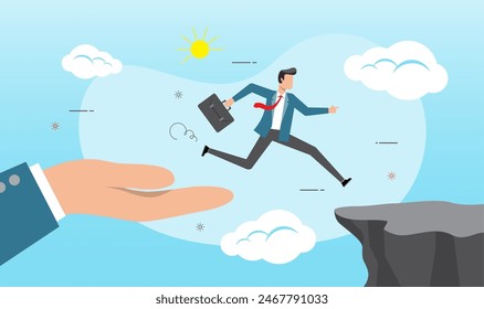 An illustration of hand helping businessman jump through the gap in the rocks. the concept of business risk and success.