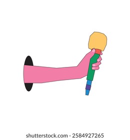 Illustration hand hold microphone retro pop art