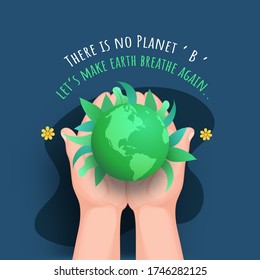 Illustration of Hand Holding 3D Earth Globe with Green Leaves and Flowers on Blue Background