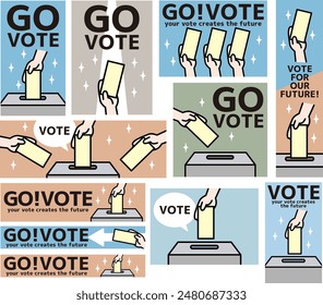 Illustration of a hand holding a ballot paper with a banner encouraging voting