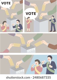Illustration of a hand holding a ballot paper with a banner encouraging voting
