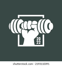 illustration of a hand holding barbel for fitness logo. gym logo vector template