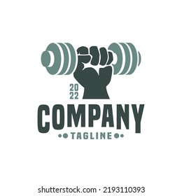 illustration of a hand holding barbel for fitness logo. gym logo vector template