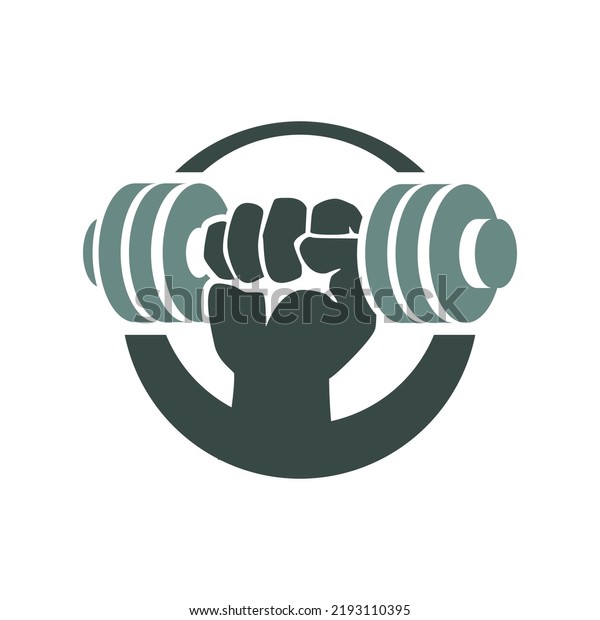 illustration of a hand holding barbel for\
fitness logo. gym logo vector\
template