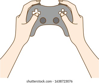 Illustration of a hand holding a beautiful Japanese woman holding a game controller, drawn in vector