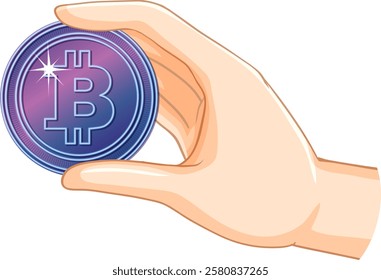 Illustration of a hand holding a Bitcoin coin
