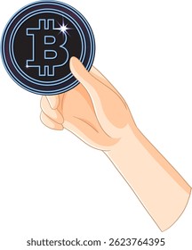 Illustration of a hand holding a Bitcoin coin