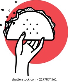 Illustration of hand holding bitten taco.