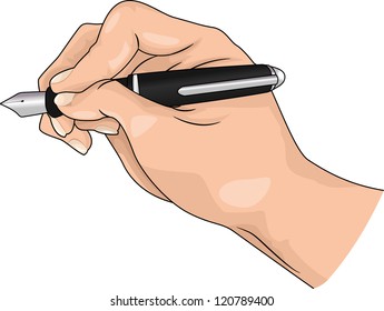 Illustration of a Hand holding a black fountain pen for writing