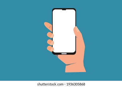 Illustration of hand holding black smartphone with white screen