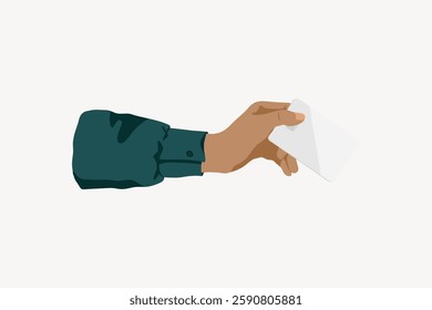Illustration of a hand holding a blank card. The hand is wearing a dark sleeve. The card is white and unmarked, held by a hand in a minimalist style. Vector illustration.