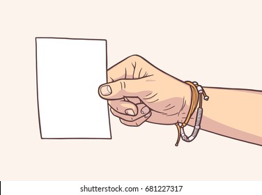 Illustration of hand holding blank piece of paper in vintage colors