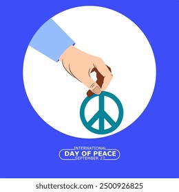 Illustration of a hand holding a blue peace icon in a white circle, a symbol of commemoration of International Day of Peace.