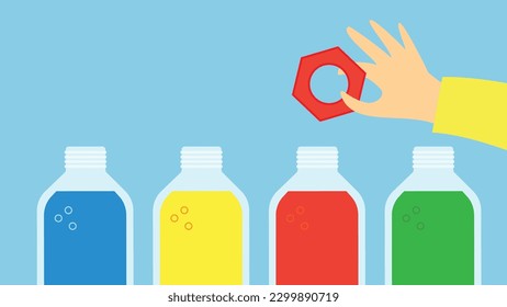 Illustration einer Hand, die eine Flasche Waschmittel in einer Reihe hält