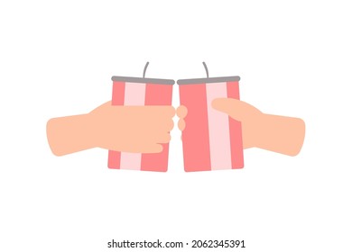 illustration of a hand holding a can of soda. a toast or cheers. flat cartoon style. vector design