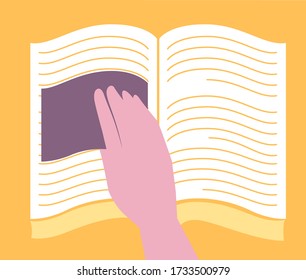 Illustration of a Hand Holding a Card to Read Texts in a Book for Speed Reading