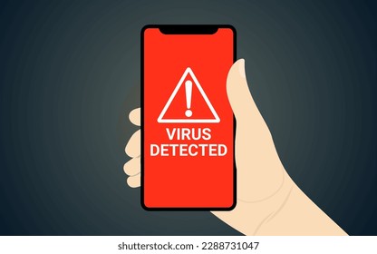 Illustration of a hand holding a cell phone with a virus detected warning
