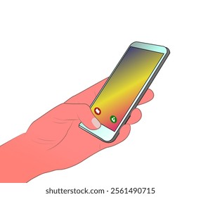 illustration of a hand holding a cellphone, ideal for use in marketing materials, technology blogs, app ads, educational content, or social media designs.