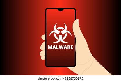 illustration of a hand holding a cellphone that has malware on it
