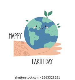 Illustration of hand holding cheerful earth planet and text happy Earth day. Vector Illustration for eco designs