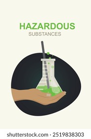 Ilustração de uma mão segurando um frasco químico contendo líquido verde, simbolizando substâncias perigosas ou experiências químicas