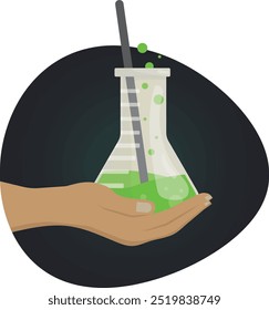 Ilustração de uma mão segurando um frasco químico contendo líquido verde, simbolizando substâncias perigosas ou experimentos químicos.