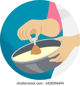 Illustration of a Hand Holding Chicken Legs and Dipping Into Batter for Cooking. Kitchen Verb Dip