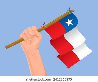 Illustration of a hand holding the Chile flag. Hand carrying the Chile flag illustration isolated on blue background. Chile flag in hand icon.