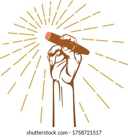 An illustration of hand holding a cigar with line burst