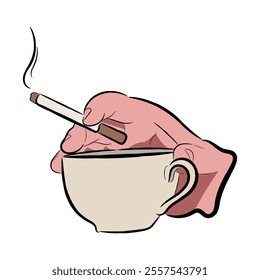 illustration of hand holding coffee cup and cigarette