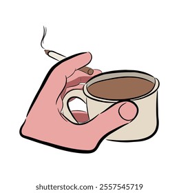 illustration of hand holding coffee cup and cigarette