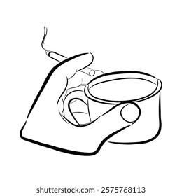 illustration of hand holding coffee cup and cigarette, line drawing sketch