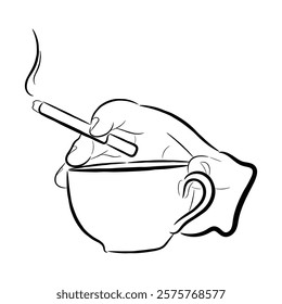 illustration of hand holding coffee cup and cigarette, line drawing sketch