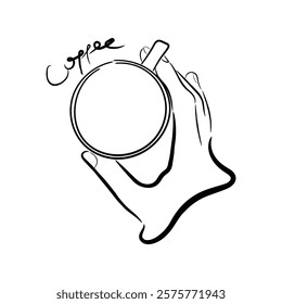 illustration of a hand holding a coffee cup, line drawing sketch