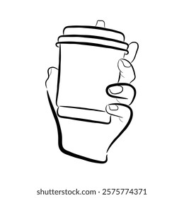 illustration of a hand holding a coffee in packaged cup, line drawing sketch
