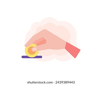 Illustration of a hand holding a coin. want to give charity, do charity, or donate. donate money. save money. want to put money in the hole. hand gestures. flat style illustration design. graphic