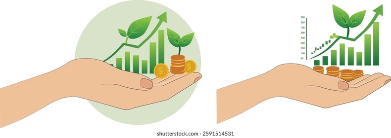 Illustration of hand holding coins and growing chart. Concept for financial growth, investment success and profit