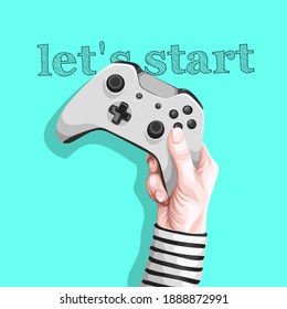 illustration of a hand holding a controller with background and words