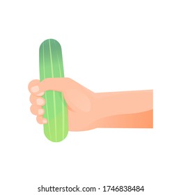 illustration of hand holding cucumber. vegetarian or vegan concept. flat design. can be used for elements, landing pages, UI.