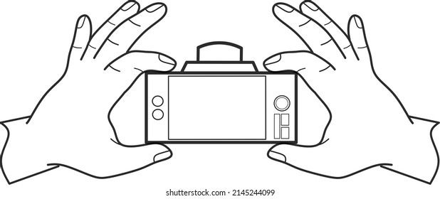 Illustration of a hand holding a digital camera on a white background.
