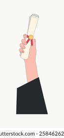 Illustration of a hand holding a diploma. The diploma is rolled and tied with a red ribbon. The hand is wearing a black sleeve, symbolizing graduation. Vector isolated on white.