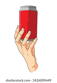 Illustration of hand holding a drink can isolated on white background