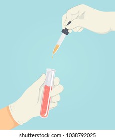 Illustration of a Hand Holding a Dropper Dropping a Liquid in a Test Tube with Another Solution