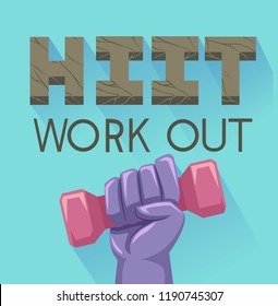 Illustration of a Hand Holding a Dumbbell with HIIT Workout Above