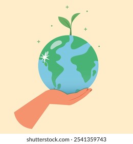 illustration of Hand holding earth, Save the world.